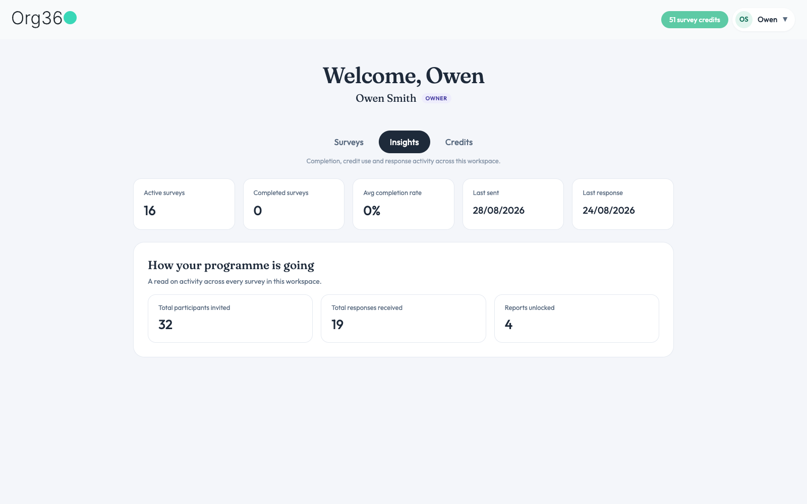 Dashboard Insights tab with workspace-wide metrics