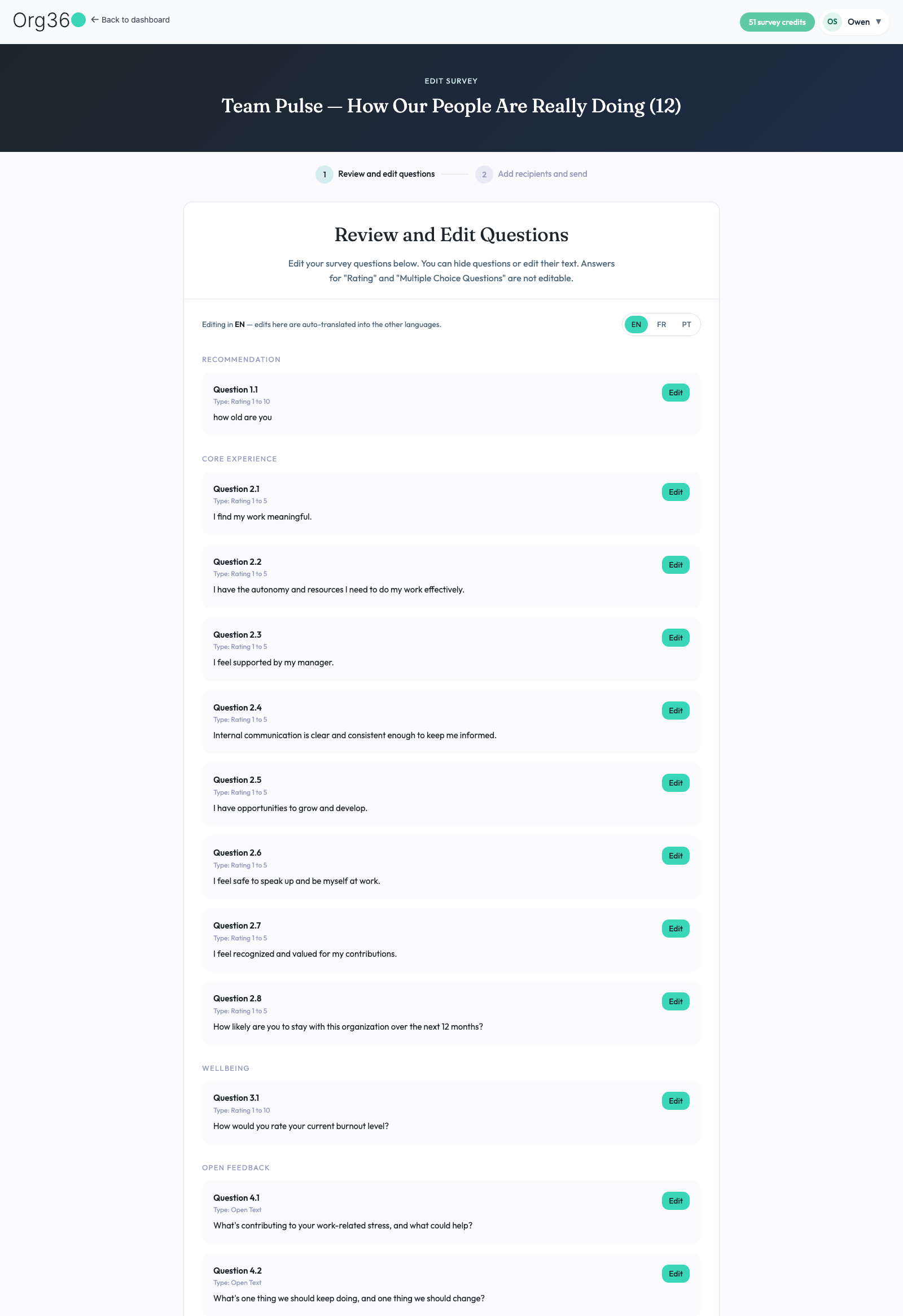 Edit survey screen, step 1 of 2: review and edit questions grouped by section
