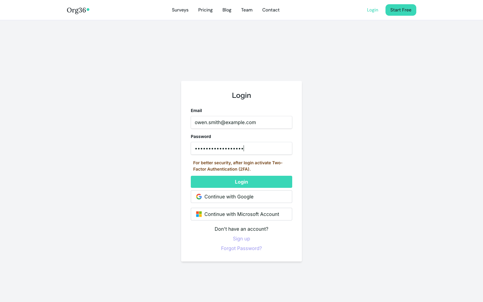 Org360 login screen with email, password and SSO options