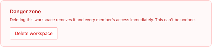 Danger zone card with a Delete workspace button
